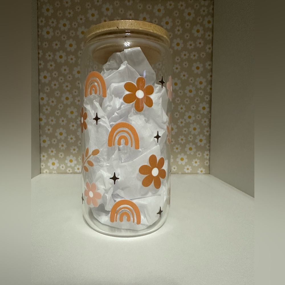Retro Floral and Rainbow Glass Tumbler